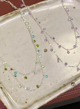 紫色水晶饰品紫藤花语~超仙水晶流苏锁骨链双层叠戴小众