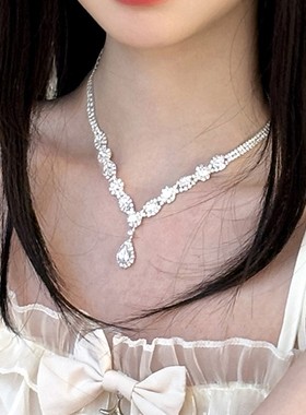 合金项链 满钻爆闪水滴流苏项链女轻奢小众设计choker锁骨链颈链
