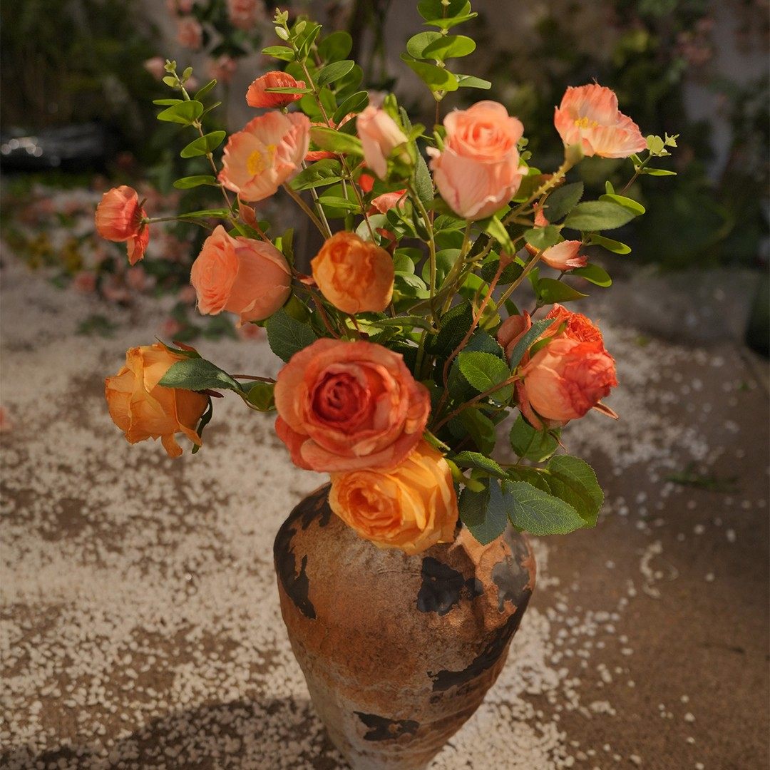 (橘子汽水）橙黄色花束焦边玫瑰花虞美人花束玄关花客厅仿真花假,淘宝优惠券,粉丝福利购,淘宝优惠卷