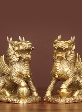 铜麒麟摆件一对纯铜麒麟踩八卦家居客厅办公室门口店铺装饰工艺品