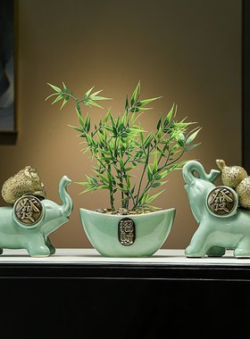 客厅办公室招财聚宝盆元宝摆件新中式玄关电视柜高档富贵竹装饰品