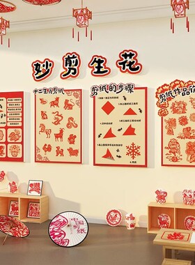 幼儿园环创非遗传统文化主题墙面装饰马新年剪纸布置成品走廊场景