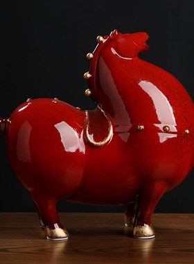 陶瓷红色马摆件招财创意古典唐马办公室厅玄关桌面装饰工艺品摆设