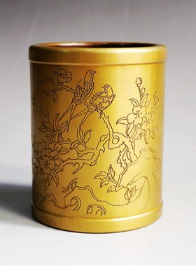 铜笔筒 纯铜 花草笔筒 纯铜加厚笔筒摆件 仿古做旧中国风铜工艺品