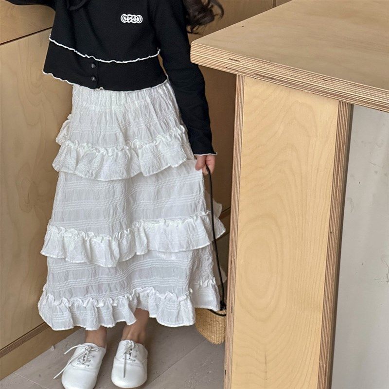 女童半身裙春秋款2024新款儿童荷叶边裙子中大童白色公主裙蛋糕裙,淘宝优惠券,粉丝福利购,淘宝优惠卷