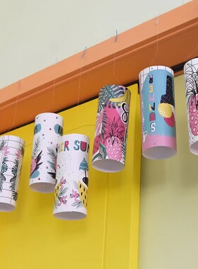 创意卡通立体圆纸筒特色青花图案幼儿园学校室内空中吊饰布置装饰