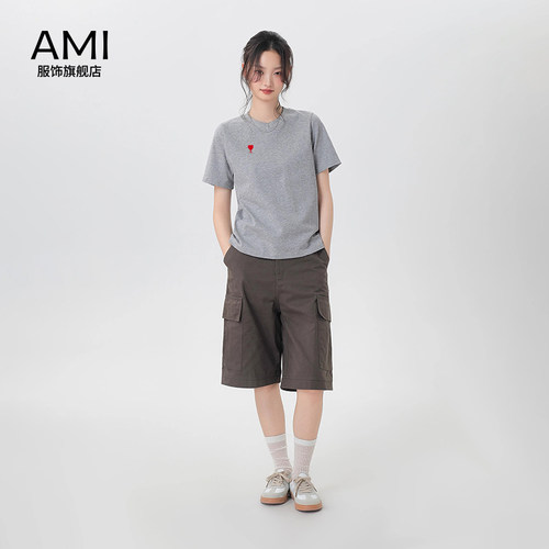 AMI2026美式灰色正肩短袖T恤女夏季2026新款宽松显瘦棉半袖上衣 - 图2