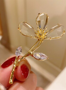 超仙透亮水晶花朵胸针高档女防走C光胸花女气质百搭西装别针扣配