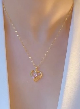 时尚气质粉水晶爱心吊坠s项链女网红轻奢百搭小众设计感锁骨链颈