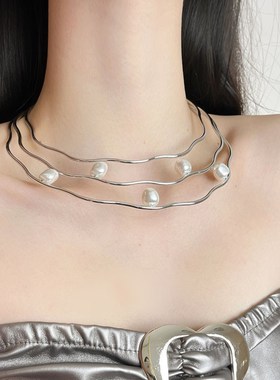 轻奢小众个性三层波浪p珍珠项圈男女百搭凹造型中性高级感颈圈颈