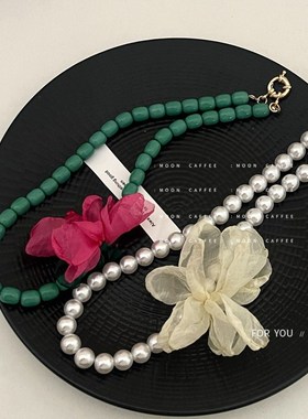 甲状腺术b后遮挡神器夏天甜美花朵珍珠项链小众设计高级感气质配