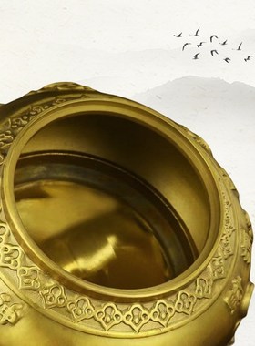 纯黄铜五路财神开盖聚宝盆摆件大号客厅家居店铺办公室装饰工艺品