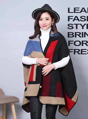 围巾女秋冬加厚袖口披肩简单卡其红格子披肩多功能外套
