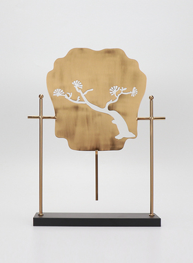 新中式金属迎客松扇子摆件样板房软装摆设博古架客厅玄关装饰品