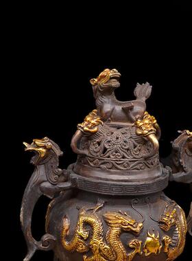 宏达 鎏金二龙太师炉 天狗炉 铜器香炉家居摆件