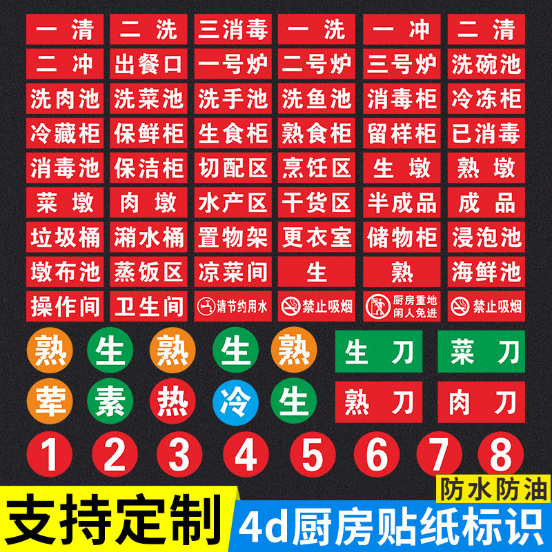 4d厨房管理标识贴纸一清二洗三消毒洗菜池菜板分类管理标识牌全套,淘宝优惠券,粉丝福利购,淘宝优惠卷
