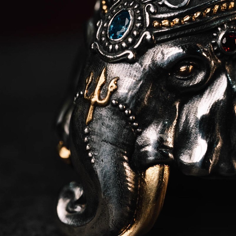 Broken Tusk Ganesha Ring, Handmade Gold-wrapped Craftsmanship, Niche Silver Jewelry Ring, Retro Personality, Heavy Industry, Men's National Trend, National Style