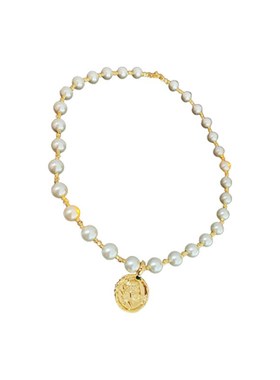 真金电镀人像圆牌珍珠项链复古百搭锁骨链轻奢高级感项饰厂家