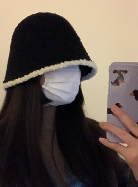 黑色毛绒渔夫帽女2023新款秋冬B季百搭显脸小针织水桶帽子大头围