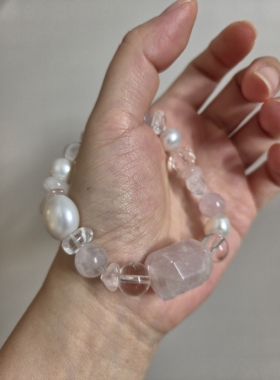 FJN Studio豪华超大天然粉水晶白水晶无核珍珠混搭弹力绳手链女
