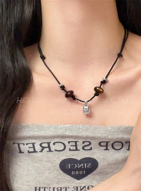 抽拉可调新中式黑绳编绳项链女藏式虎眼石吊坠国风复古装饰锁骨链