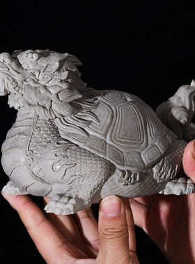 中式招财龙龟鱼缸造景装饰品创意青砂石书房桌面瑞兽玄武石雕摆件