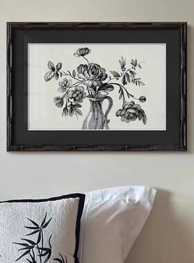 海棠牡丹》高级感法式黑色调挂画客厅餐厅玄关柜复古卧室花卉挂画