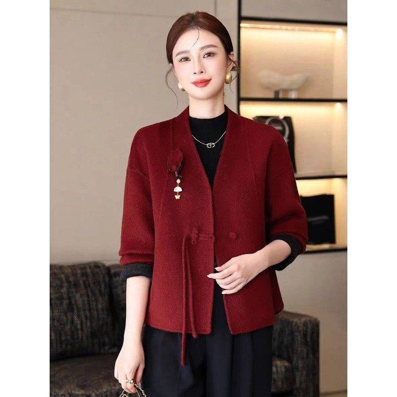 杭州新中式红色双面毛短款毛呢外套女V领高端百搭羊绒大衣外套,淘宝优惠券,粉丝福利购,淘宝优惠卷