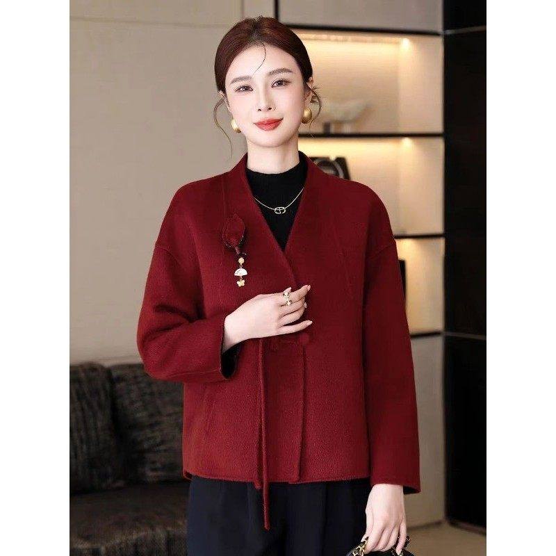杭州新中式红色双面毛短款毛呢外套女V领高端百搭羊绒大衣外套,淘宝优惠券,粉丝福利购,淘宝优惠卷
