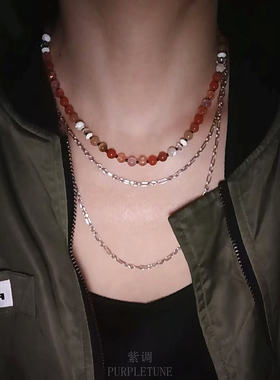 PURPLETUNE/紫调天然水晶多宝圆珠糖豆项链 叠搭 925银链