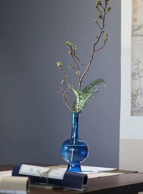 雀蓝玻璃花瓶蓝色白色磨砂玻璃花瓶文人花器中式茶道插花花器