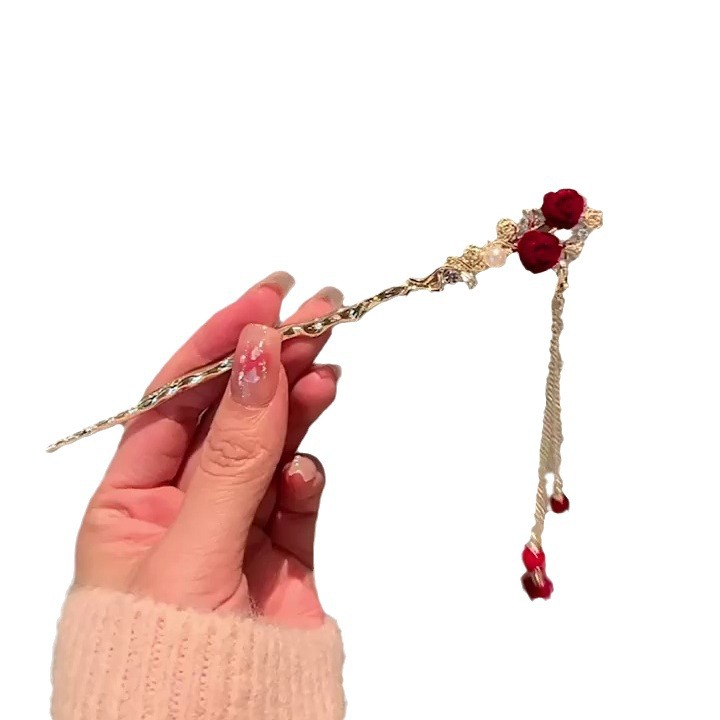 红花古典新款中式古风发簪汉服头饰盘发簪子玫瑰花朵发饰流苏 - 图3