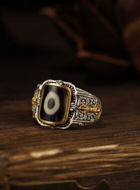 藏式男士戒指藏式天珠戒镶嵌人造一眼天珠戒指复古做旧高级感气质