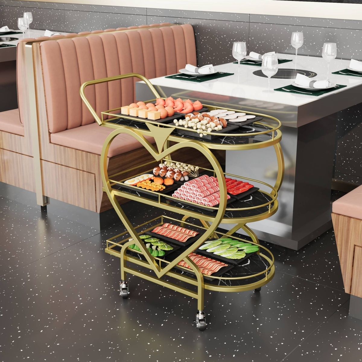 北欧移动小推车高档收纳车酒店酒水车金色多层铁艺餐车餐厅传菜车 - 图3