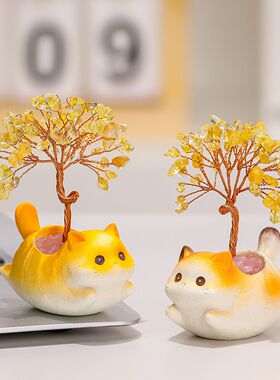 发财树玩偶创意卡通动物天然黄水晶发财树摆件可爱猫咪办公室桌面