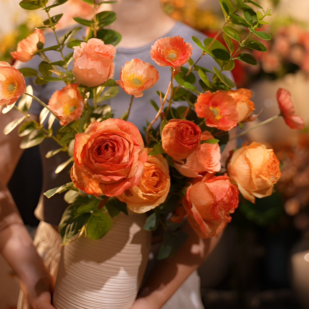 (橘子汽水）橙黄色花束焦边玫瑰花虞美人花束玄关花客厅仿真花假,淘宝优惠券,粉丝福利购,淘宝优惠卷