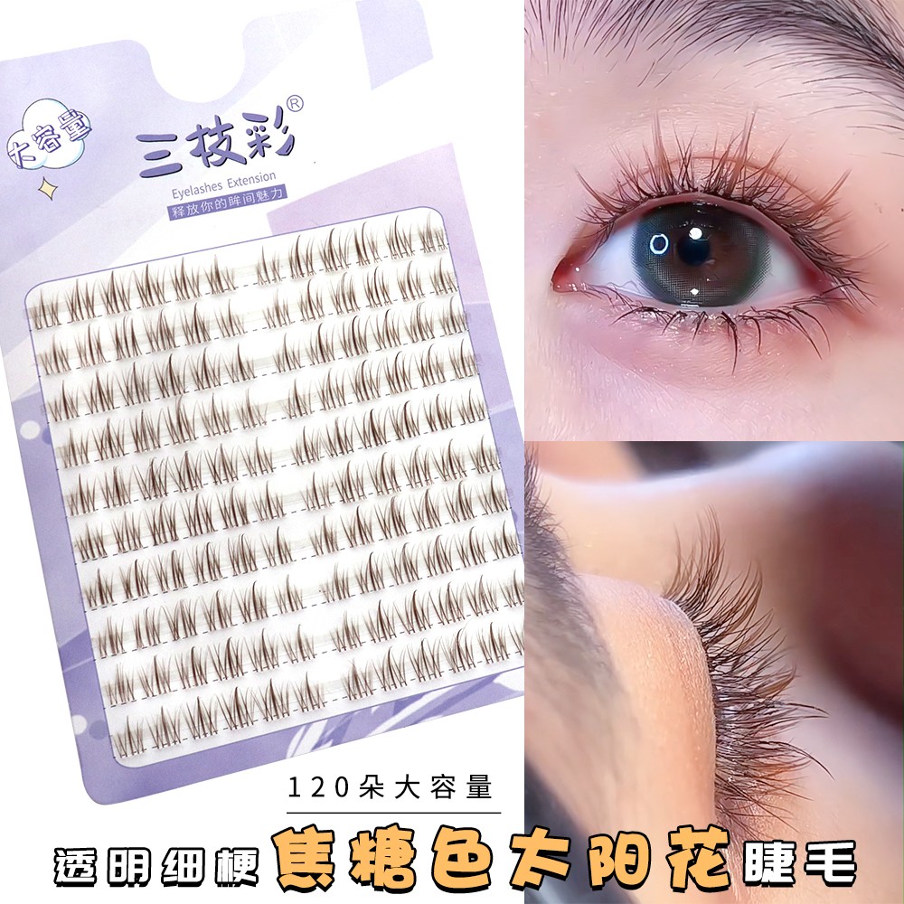 懒人太阳花棕色自然妈生感伪素颜假睫毛大容量新手单簇纯欲透明梗 - 图2