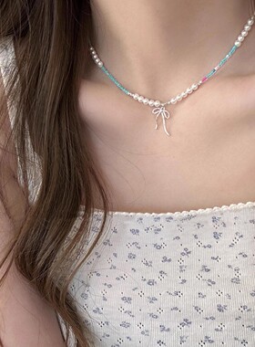 合金树脂项链 春夏彩色蝴蝶结串珠项链女高级感锁骨链颈链配饰潮