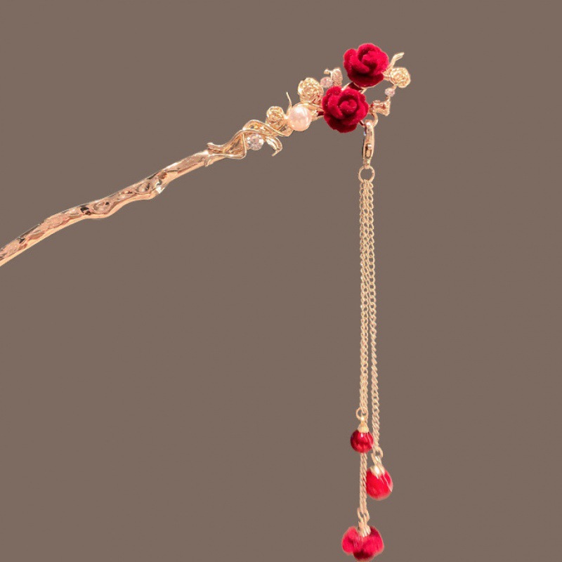 红花古典新款中式古风发簪汉服头饰盘发簪子玫瑰花朵发饰流苏 - 图2