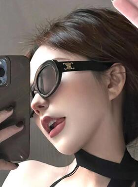 欧美复古辣妹黑色椭圆遮阳墨镜女方圆大脸显瘦近视高级感太阳镜潮