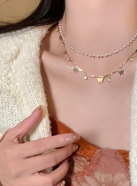 合金项链 精致女孩~轻奢蝴蝶珍珠项链双层锁骨链女高级感时尚配饰