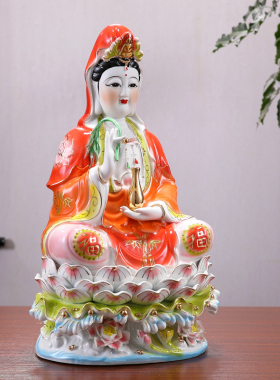 玉瓷堂陶瓷红衣观音菩萨佛像佛摆件供奉南海家用坐莲观世音菩萨像