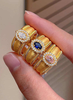 粉色锆石戒指闪钻宽面拉丝指环