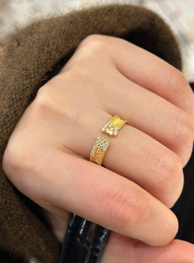 中古拉丝满天星锆石时尚简约戒指