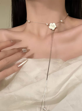 项链女纯白山茶花珍珠吊坠韩系