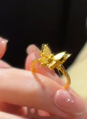 双层黄金色镜花蝶梦蝴蝶戒指女