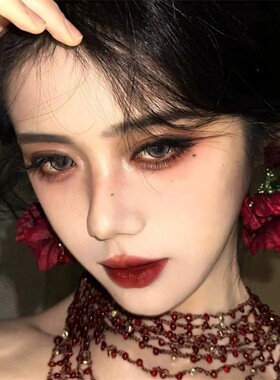 小众红色玫瑰花朵流苏耳环女