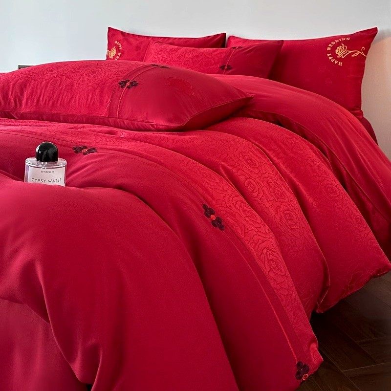 新中式玫瑰提花100支婚庆四件套大红色纯棉被套结婚床上用品婚嫁,淘宝优惠券,粉丝福利购,淘宝优惠卷