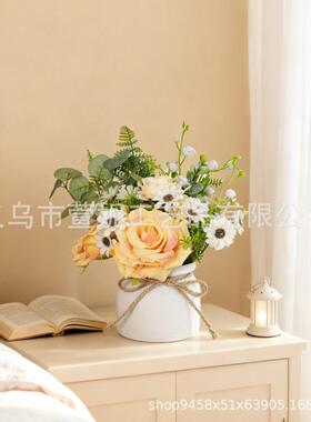 北欧仿真花塑料白盆麻绳玫瑰花小雏菊仿真植物盆栽家居装饰假花盆