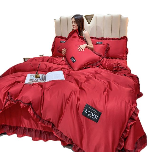 Wedding ice silk four-piece set summer wedding room festive quilt cover bed sheet lace wedding simple red bedding